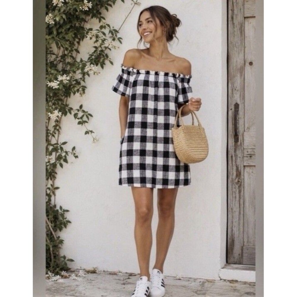 Corey Lynn Calter Anthropologie gingham off shoulder Linen Pockets XS Petite